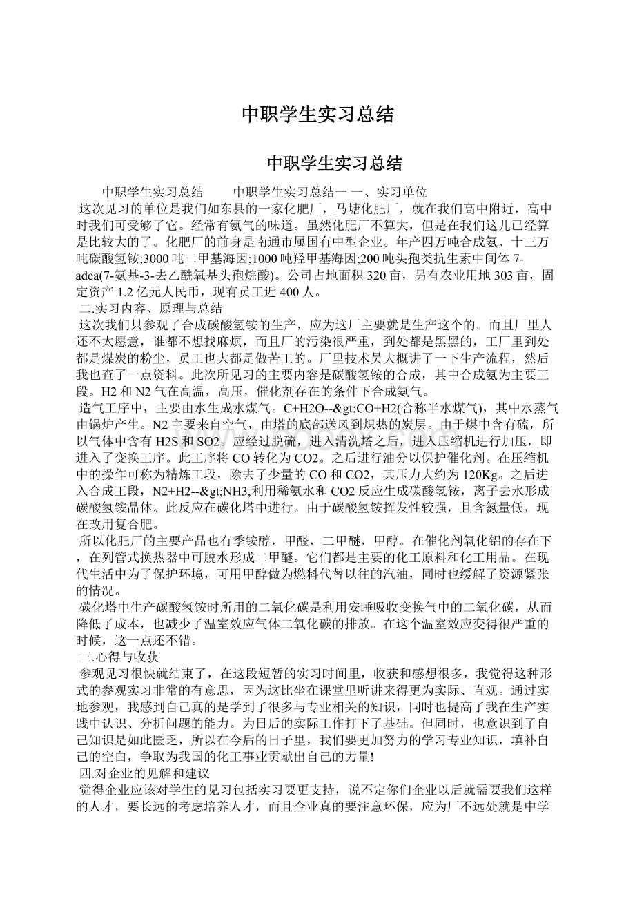 中职学生实习总结Word下载.docx