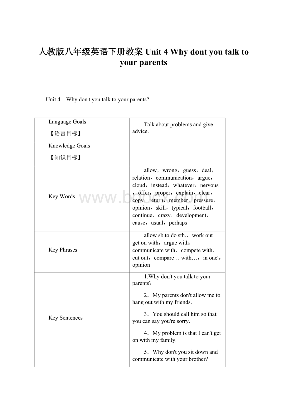 人教版八年级英语下册教案Unit 4 Why dont you talk to your parentsWord文档格式.docx