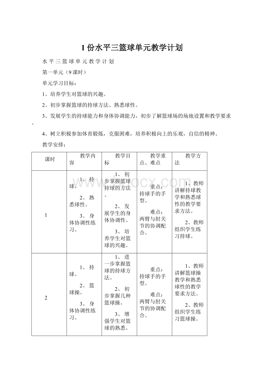 1份水平三篮球单元教学计划.docx_第1页