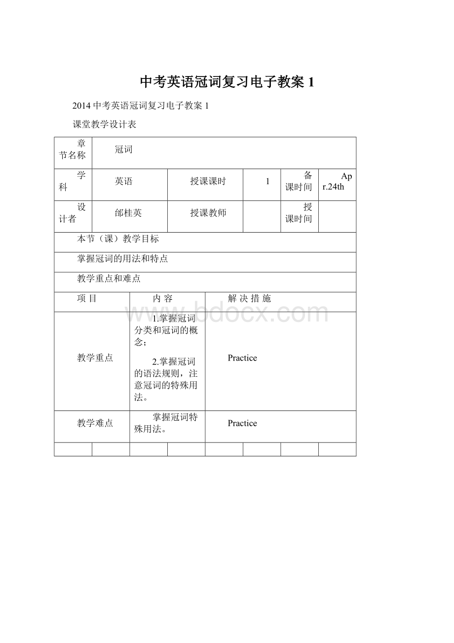 中考英语冠词复习电子教案1.docx