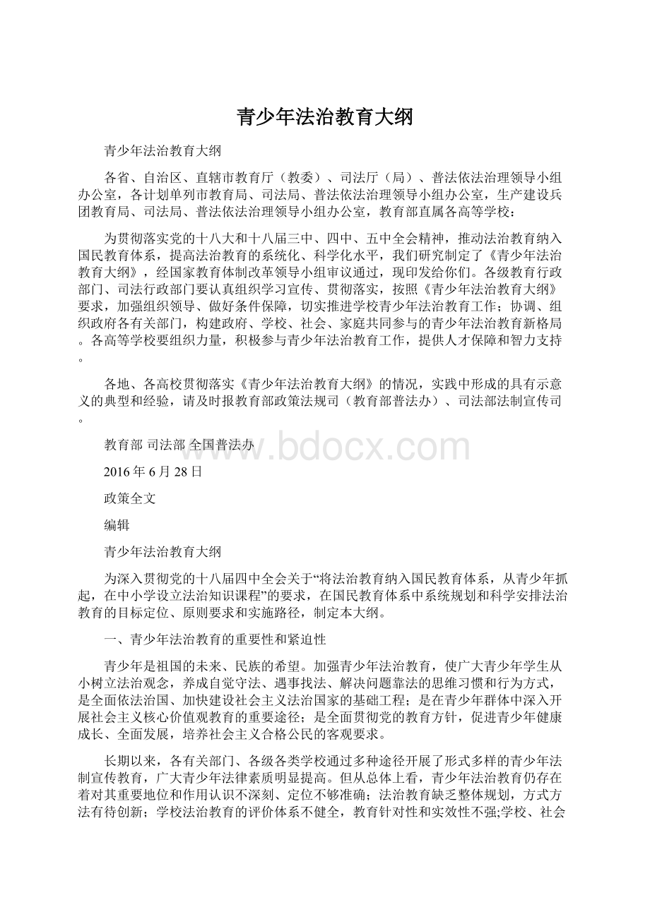 青少年法治教育大纲Word文档下载推荐.docx