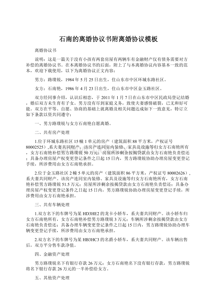 石南的离婚协议书附离婚协议模板文档格式.docx