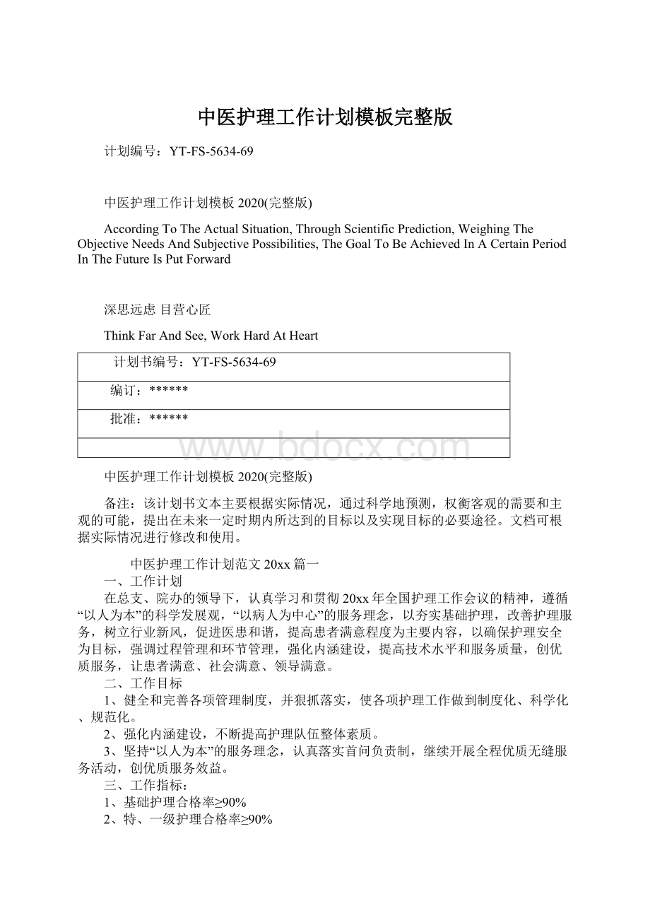 中医护理工作计划模板完整版Word格式.docx_第1页