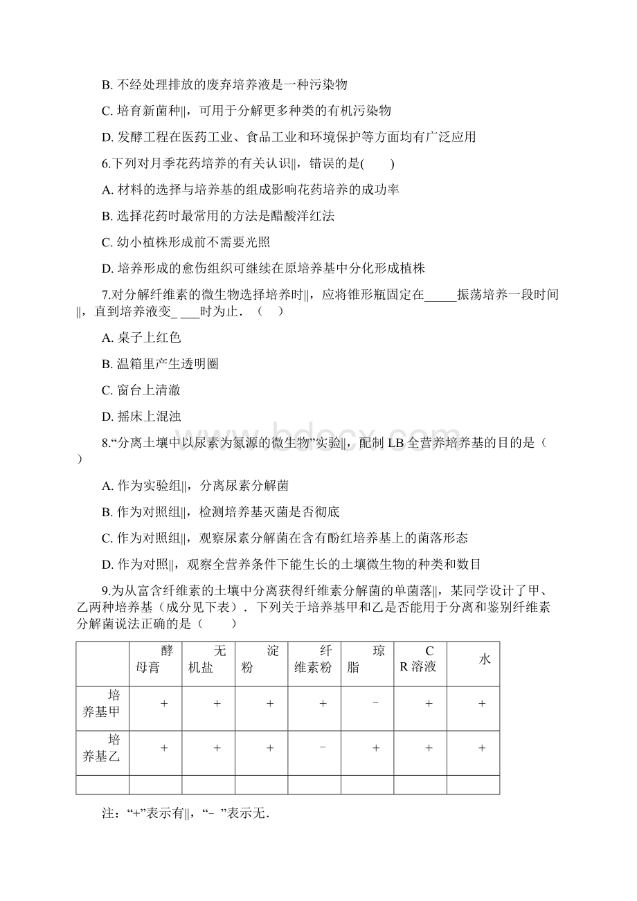 苏教版高中生物选修一 第一章 无菌操作技术实践 单元测试.docx_第2页