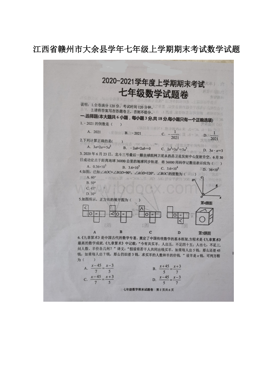 江西省赣州市大余县学年七年级上学期期末考试数学试题.docx_第1页