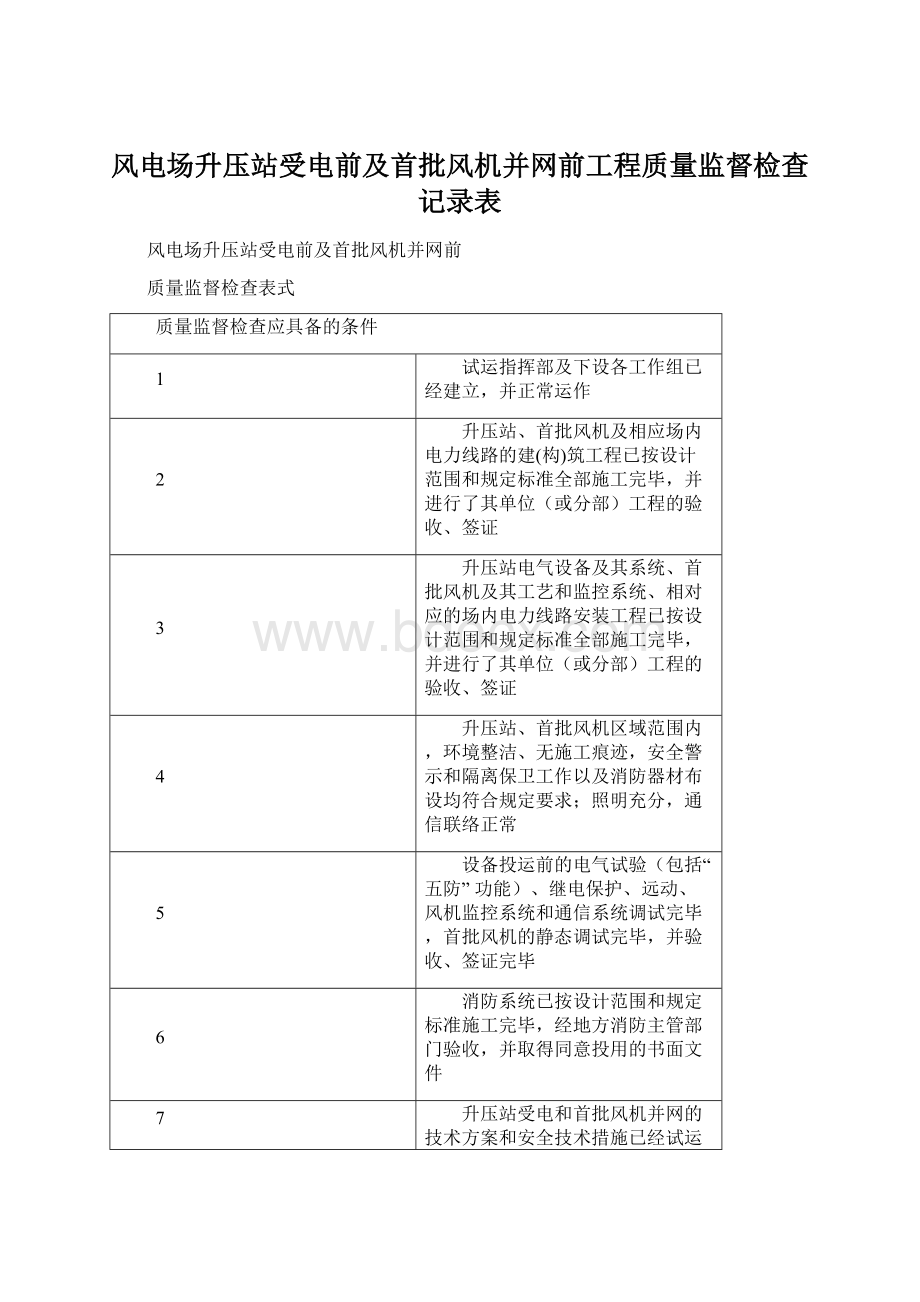 风电场升压站受电前及首批风机并网前工程质量监督检查记录表.docx_第1页