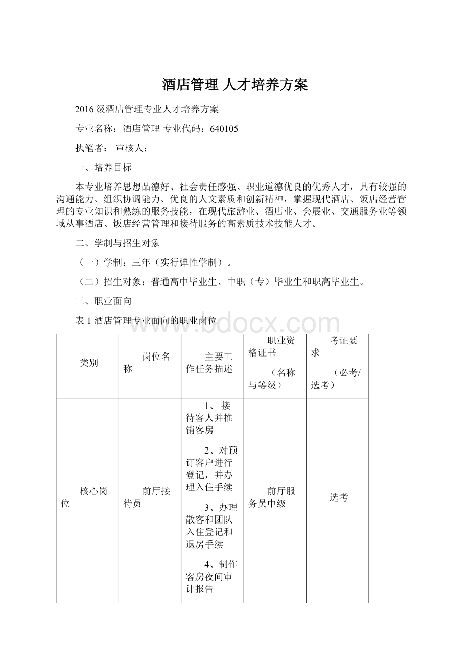 酒店管理人才培养方案Word文档下载推荐.docx_第1页