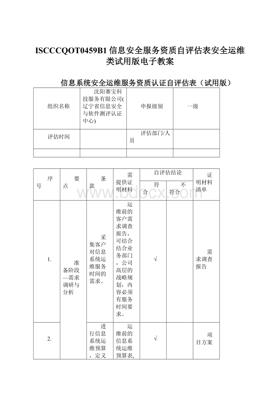 ISCCCQOT0459B1信息安全服务资质自评估表安全运维类试用版电子教案Word格式.docx