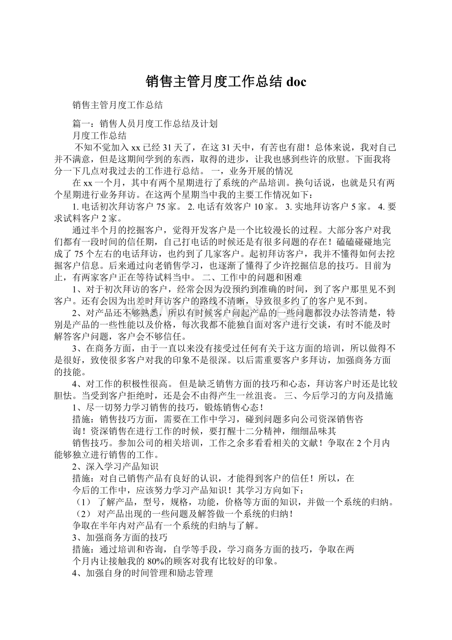 销售主管月度工作总结doc文档格式.docx