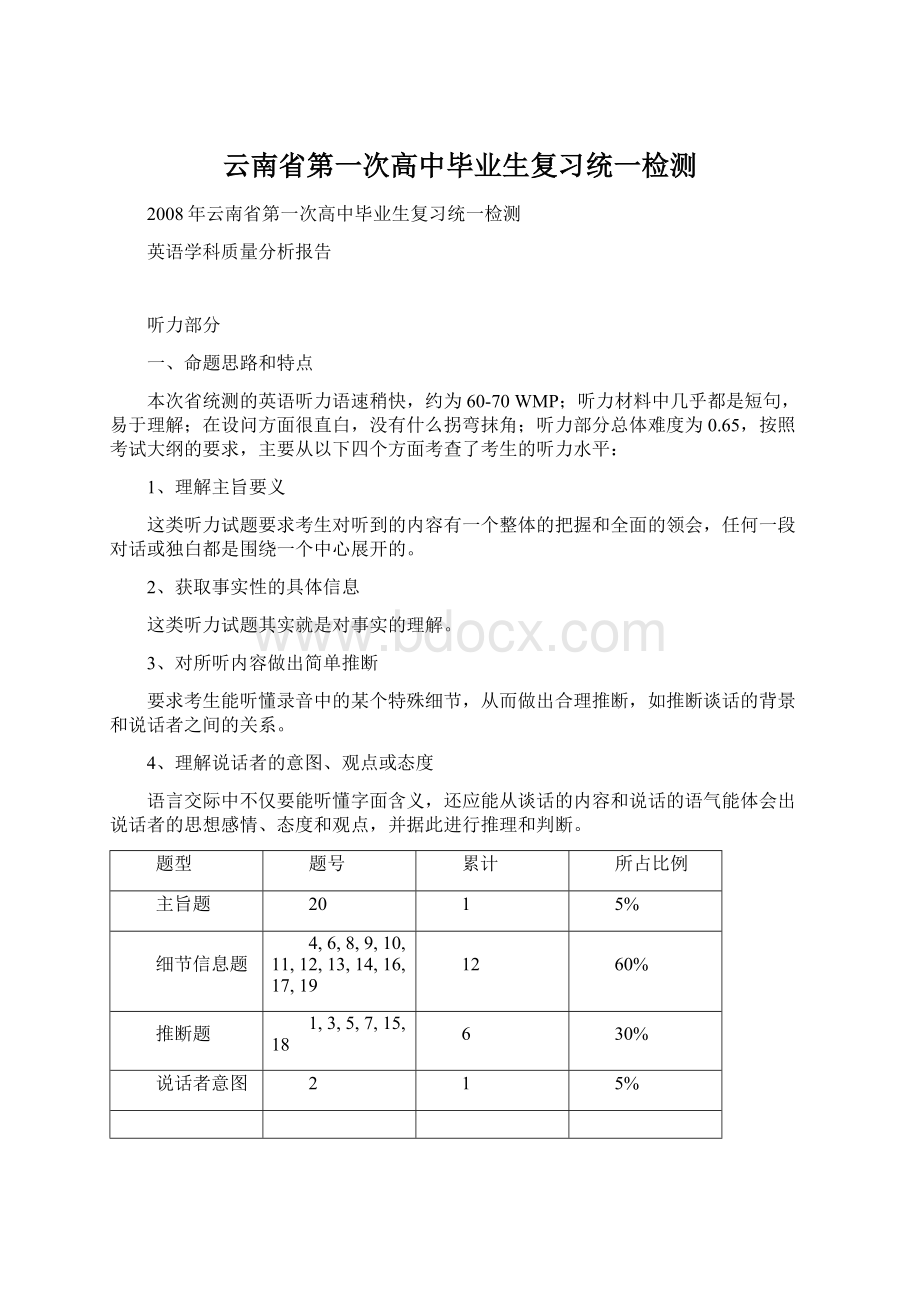 云南省第一次高中毕业生复习统一检测Word格式文档下载.docx_第1页