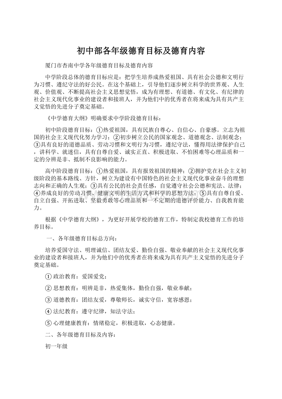 初中部各年级德育目标及德育内容Word文档格式.docx