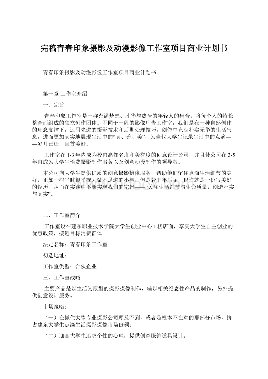 完稿青春印象摄影及动漫影像工作室项目商业计划书.docx_第1页