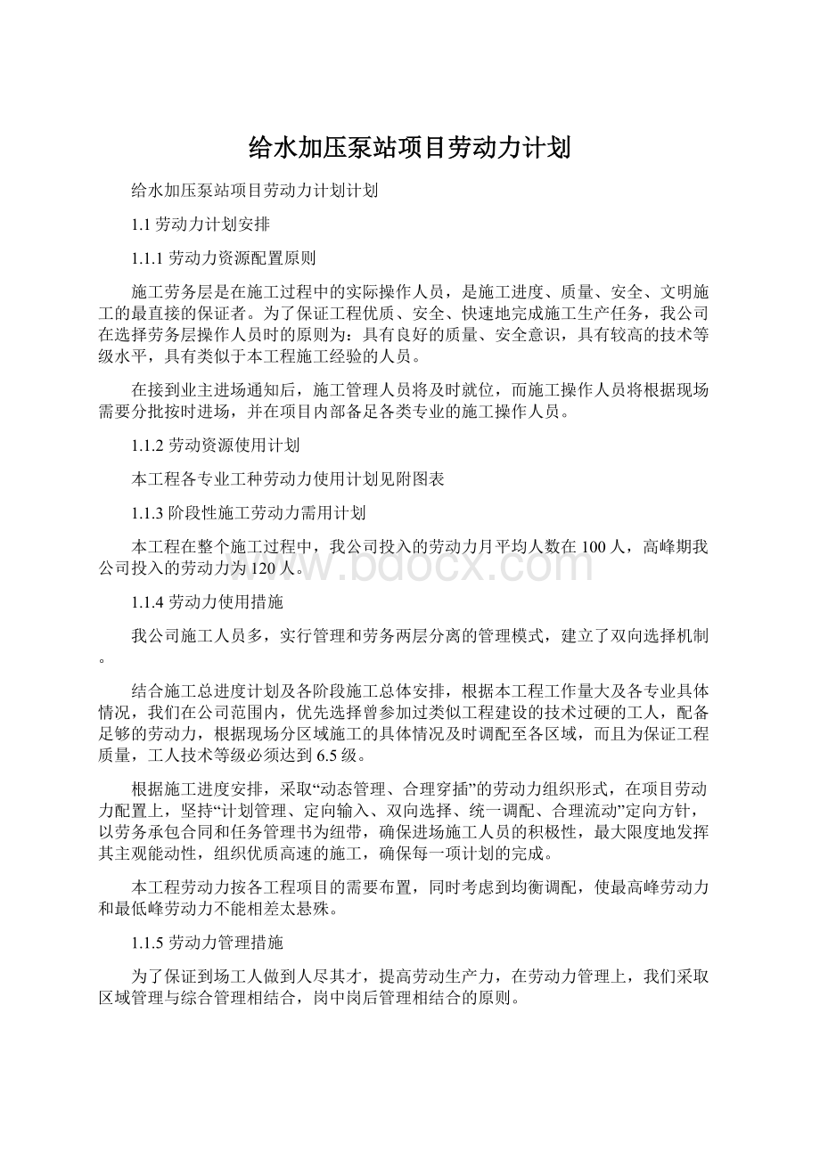 给水加压泵站项目劳动力计划Word文档下载推荐.docx_第1页