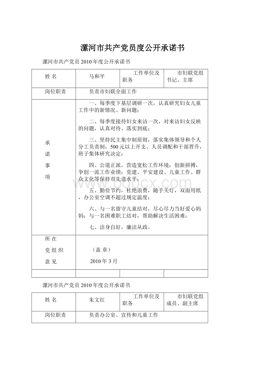 漯河市共产党员度公开承诺书Word文档格式.docx