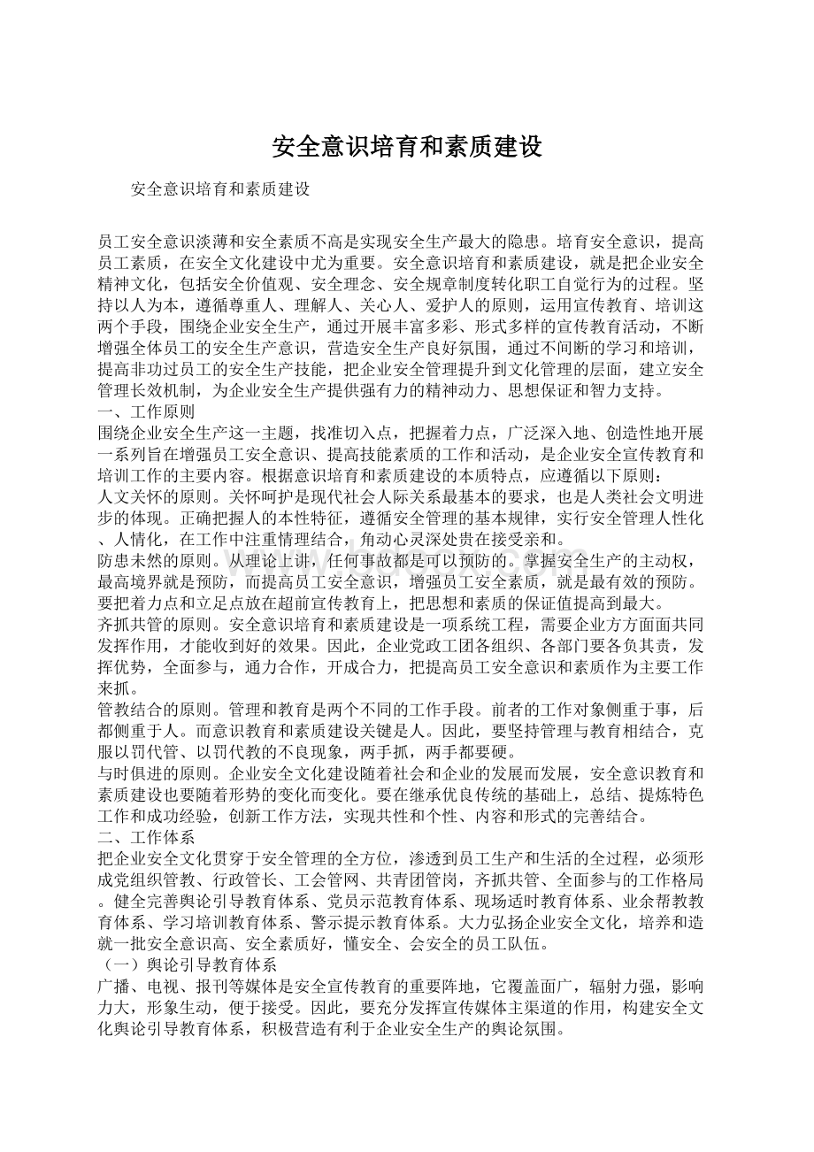 安全意识培育和素质建设Word格式.docx