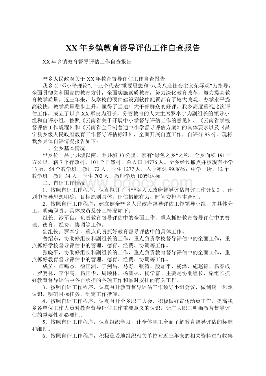 XX年乡镇教育督导评估工作自查报告.docx