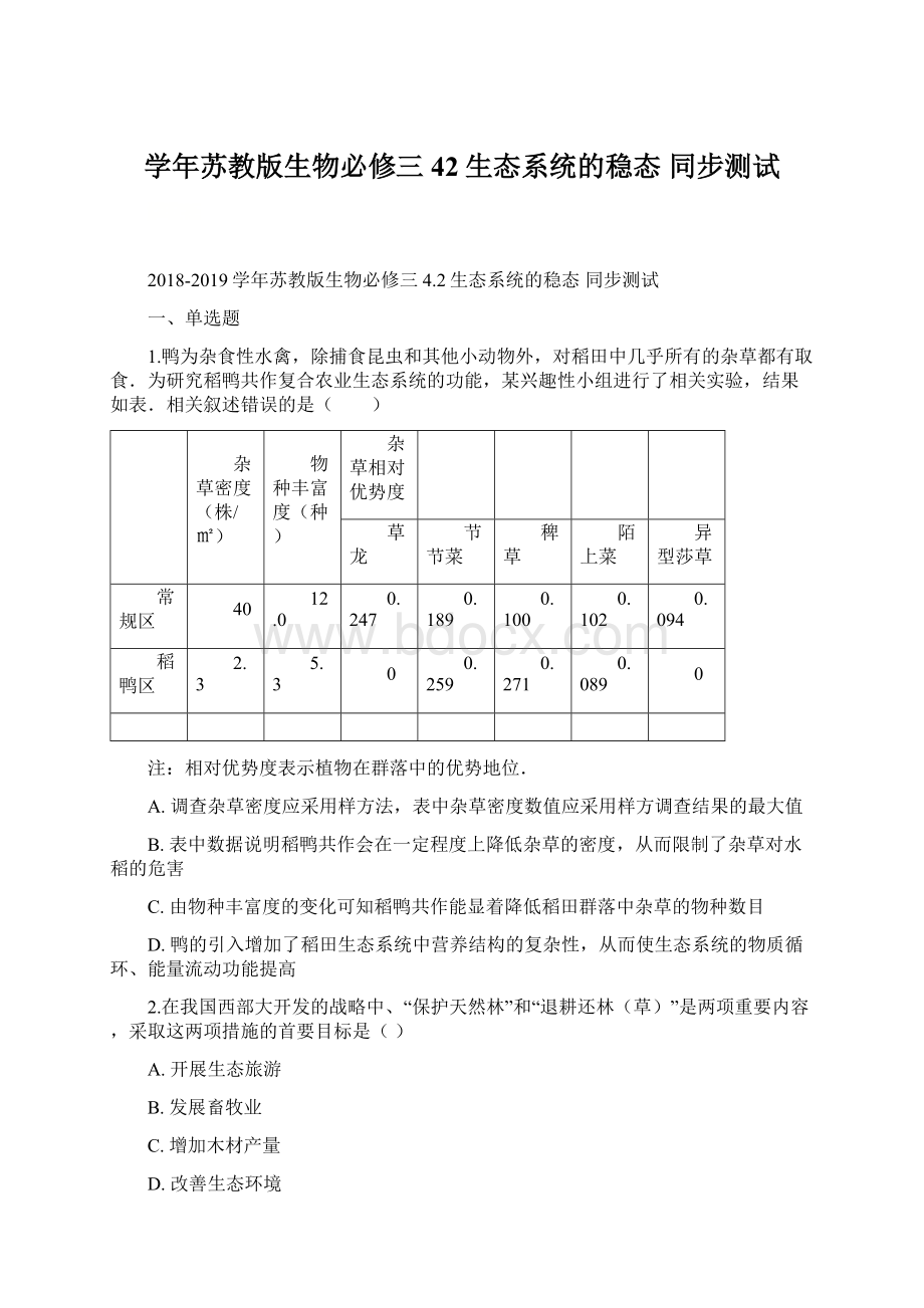 学年苏教版生物必修三 42生态系统的稳态 同步测试Word文档下载推荐.docx