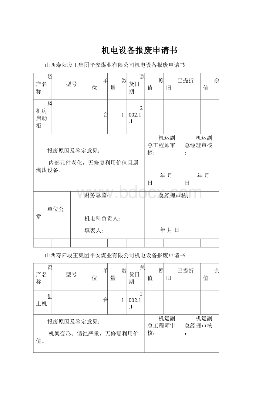 机电设备报废申请书Word格式.docx