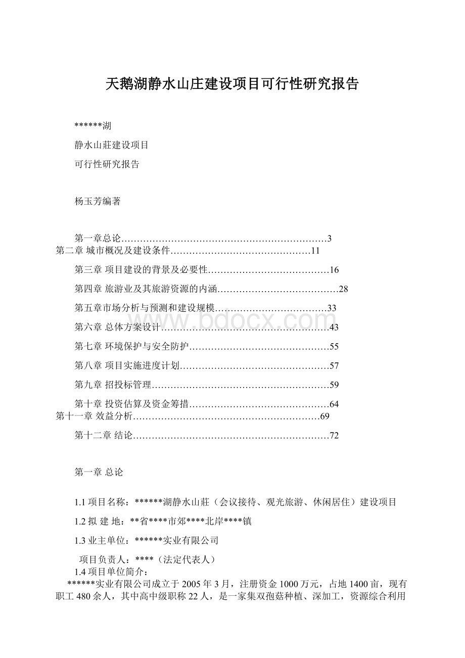 天鹅湖静水山庄建设项目可行性研究报告Word格式文档下载.docx