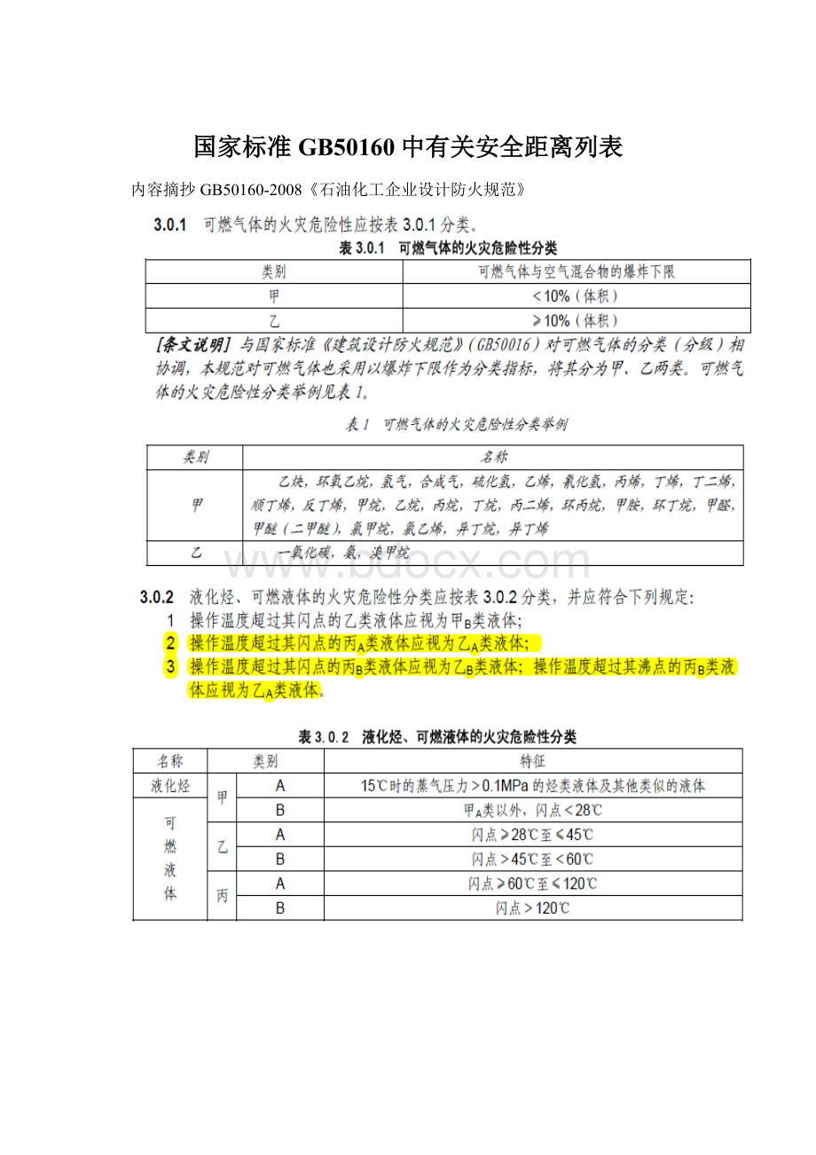 国家标准GB50160中有关安全距离列表Word文件下载.docx