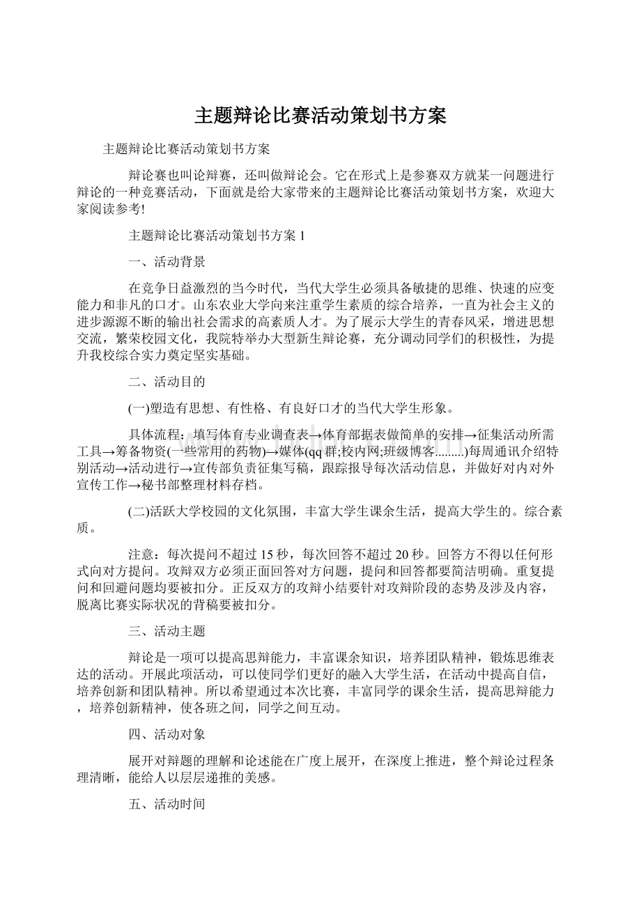 主题辩论比赛活动策划书方案文档格式.docx