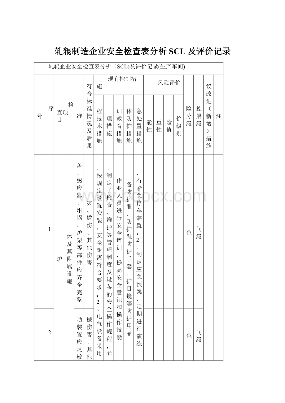 轧辊制造企业安全检查表分析SCL及评价记录Word文档格式.docx