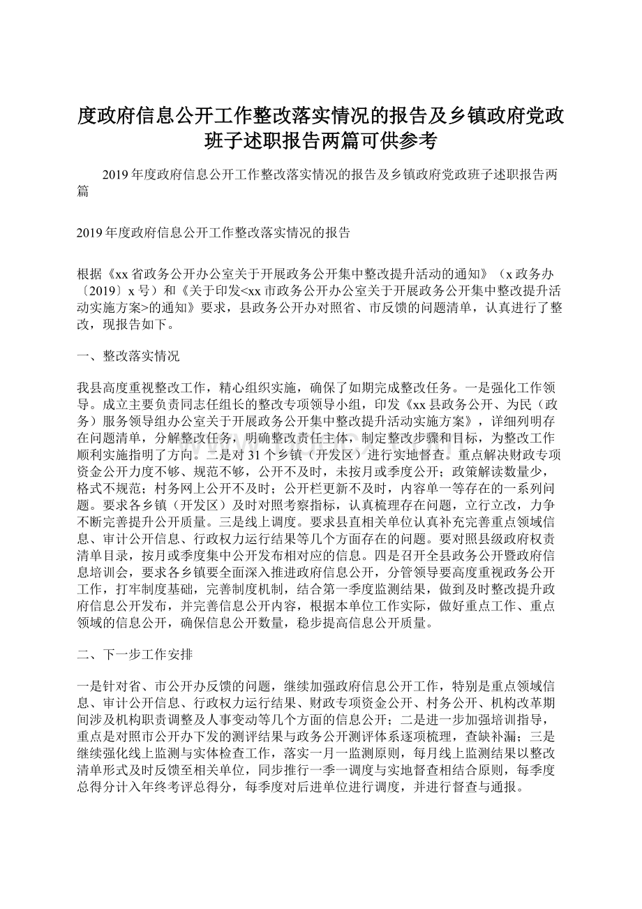 度政府信息公开工作整改落实情况的报告及乡镇政府党政班子述职报告两篇可供参考.docx