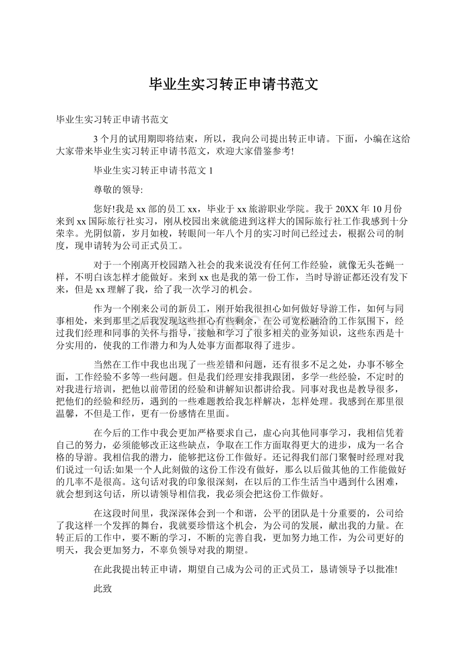 毕业生实习转正申请书范文Word文件下载.docx