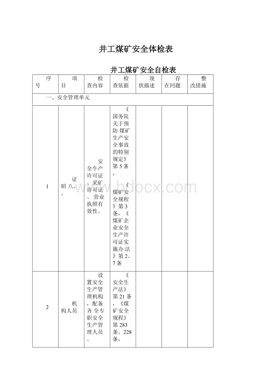 井工煤矿安全体检表Word文件下载.docx