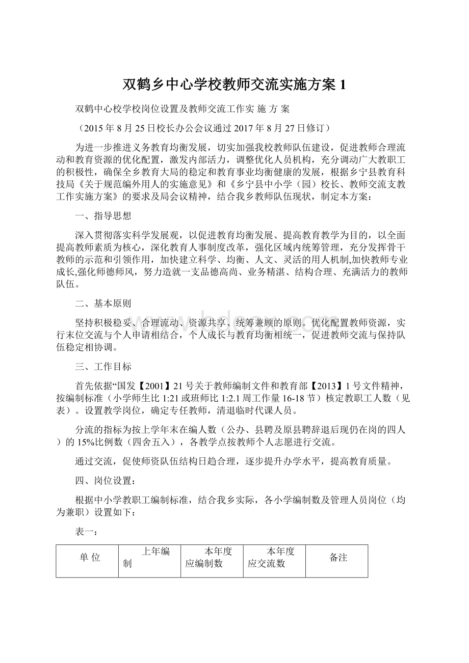 双鹤乡中心学校教师交流实施方案1Word下载.docx