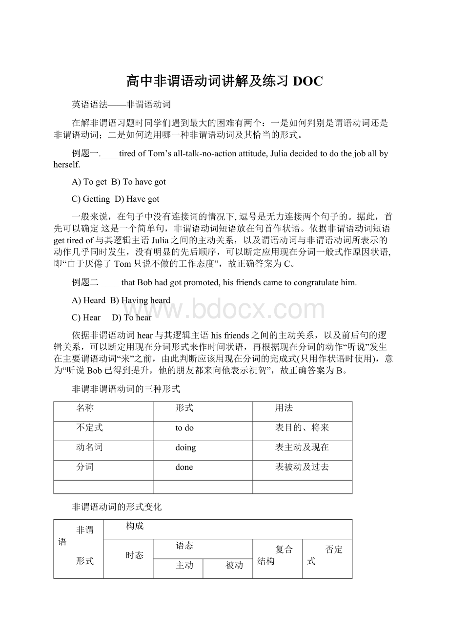 高中非谓语动词讲解及练习DOCWord格式文档下载.docx