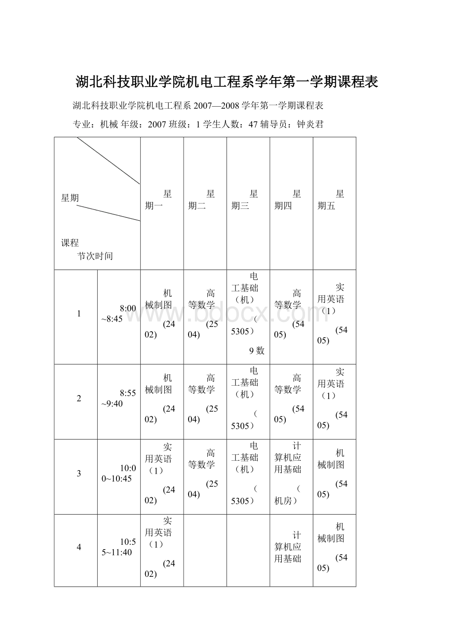 湖北科技职业学院机电工程系学年第一学期课程表Word文件下载.docx_第1页