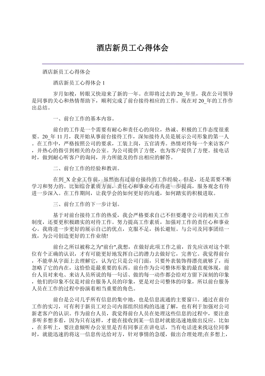 酒店新员工心得体会Word下载.docx