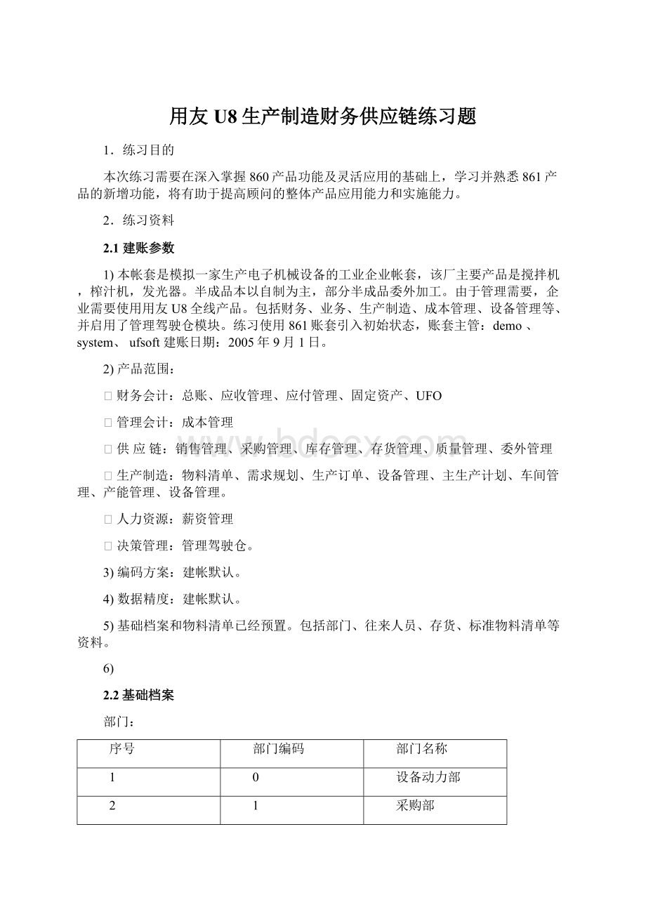 用友U8生产制造财务供应链练习题Word文档下载推荐.docx_第1页