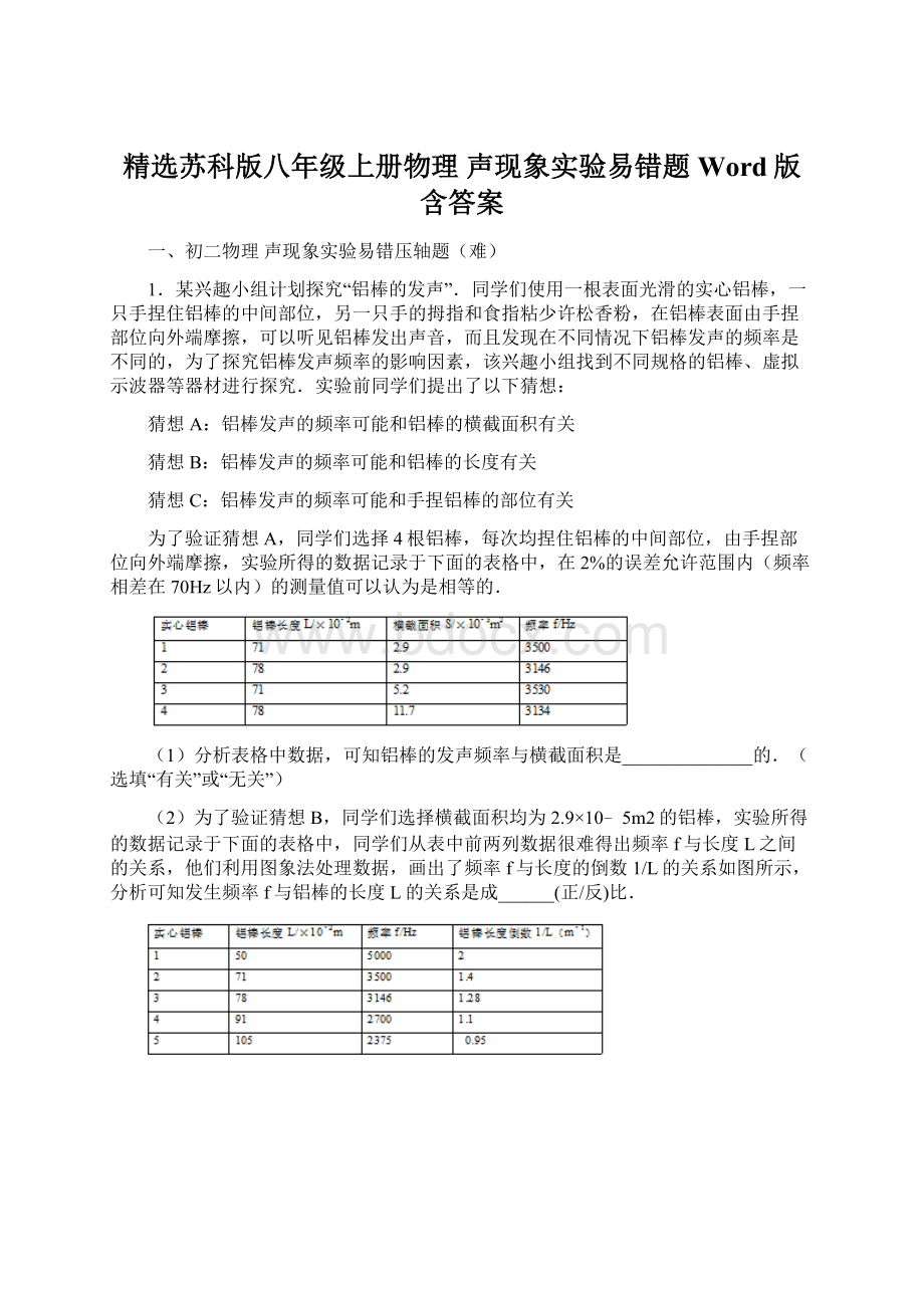 精选苏科版八年级上册物理 声现象实验易错题Word版 含答案Word文档下载推荐.docx_第1页