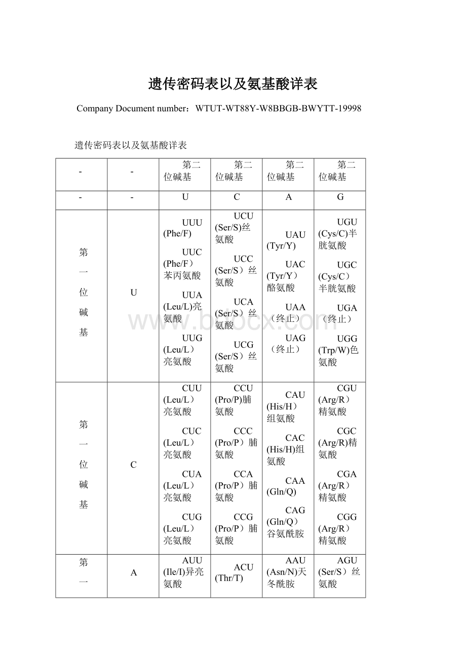 遗传密码表以及氨基酸详表.docx