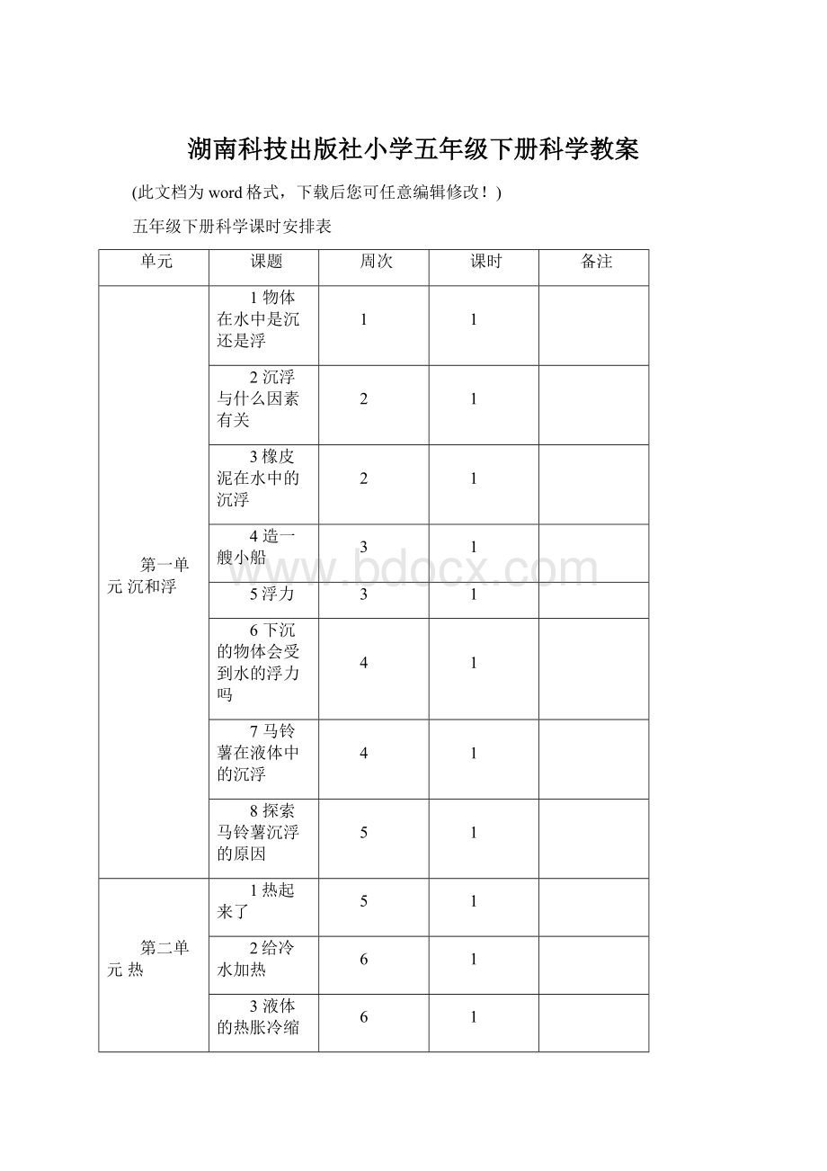 湖南科技出版社小学五年级下册科学教案Word格式文档下载.docx