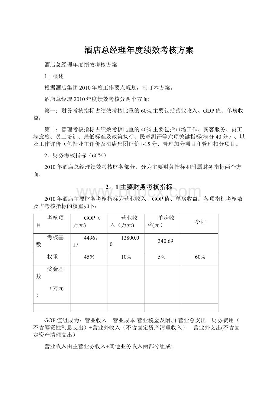 酒店总经理年度绩效考核方案Word格式文档下载.docx_第1页