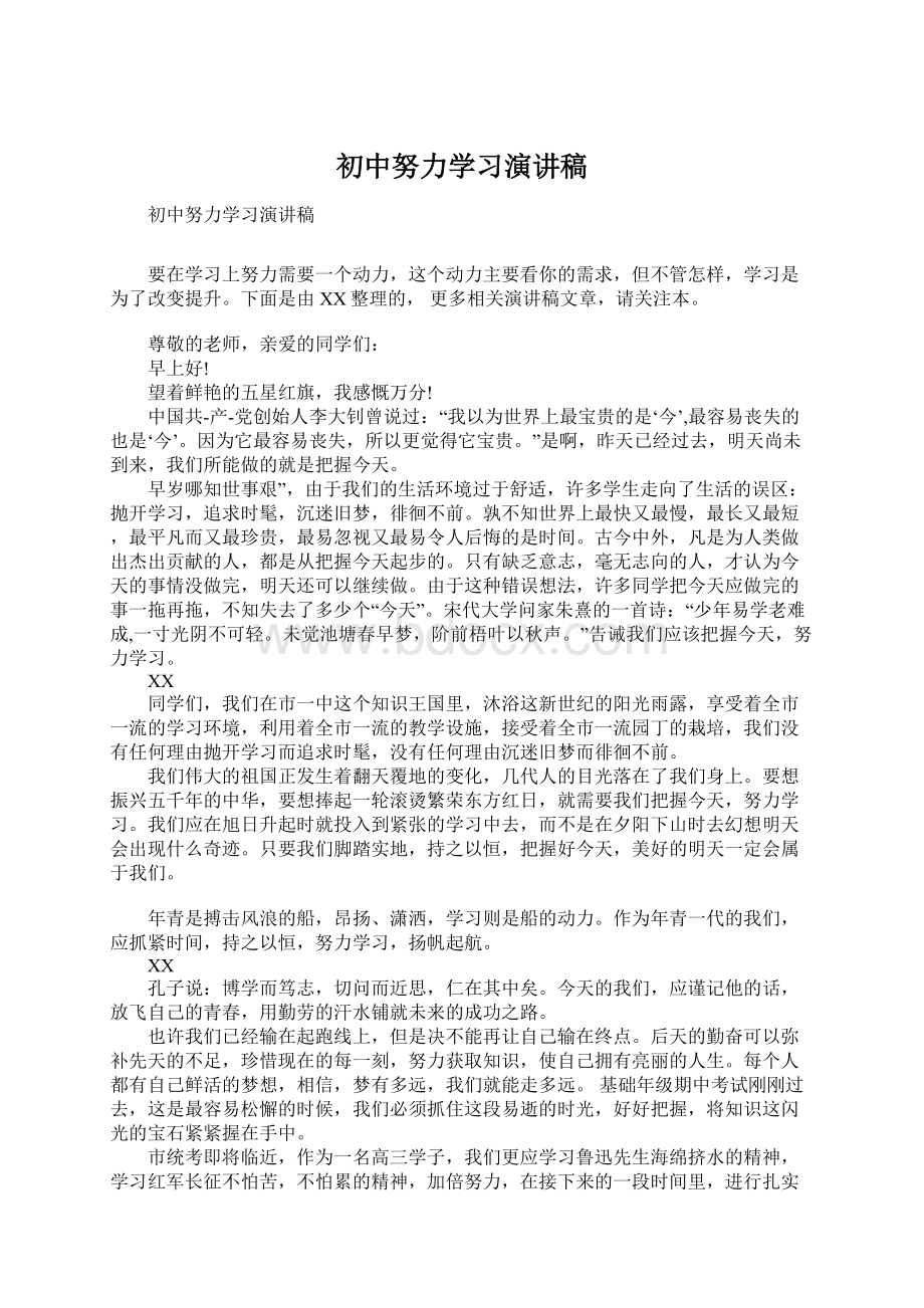 初中努力学习演讲稿文档格式.docx