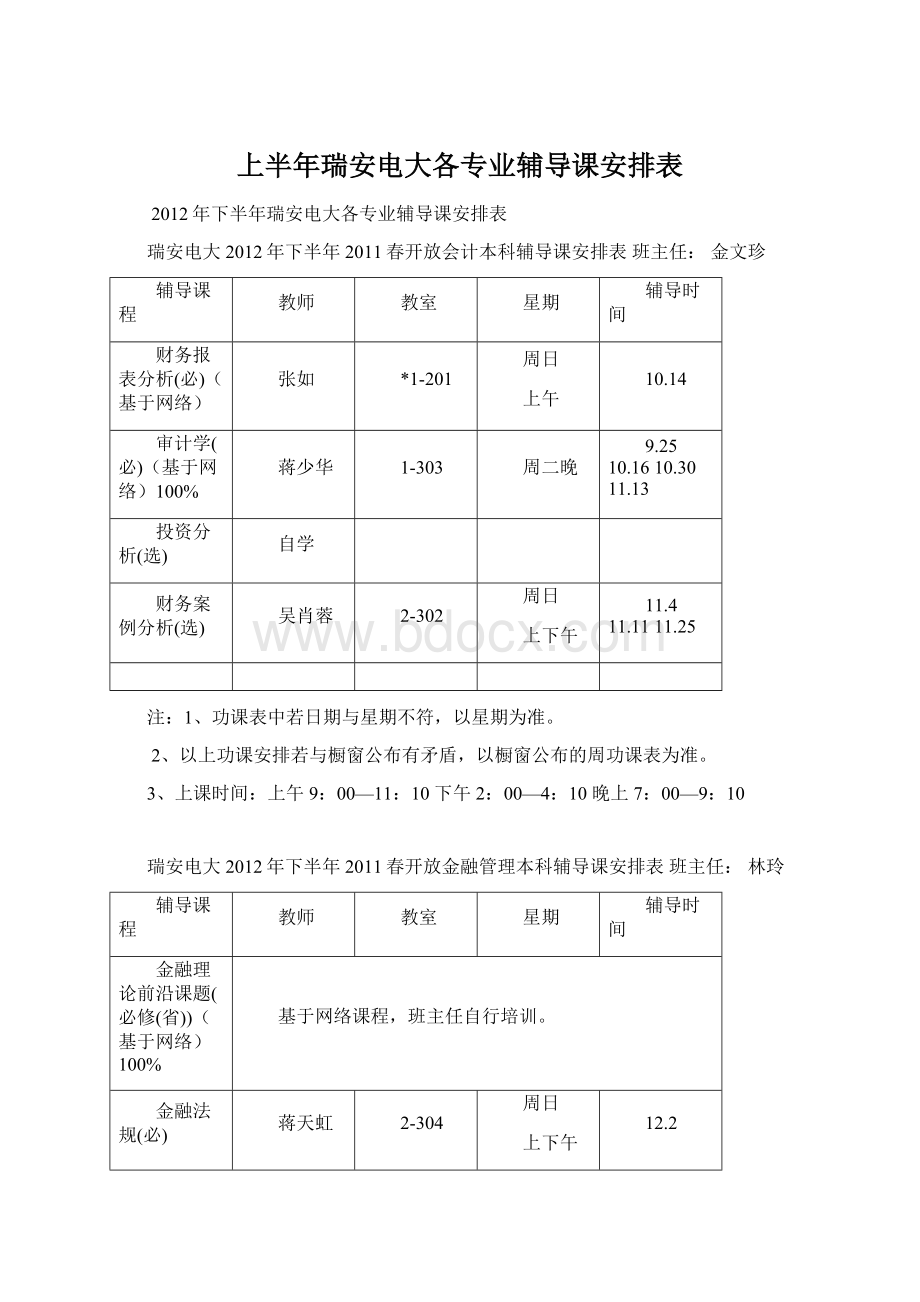 上半年瑞安电大各专业辅导课安排表.docx