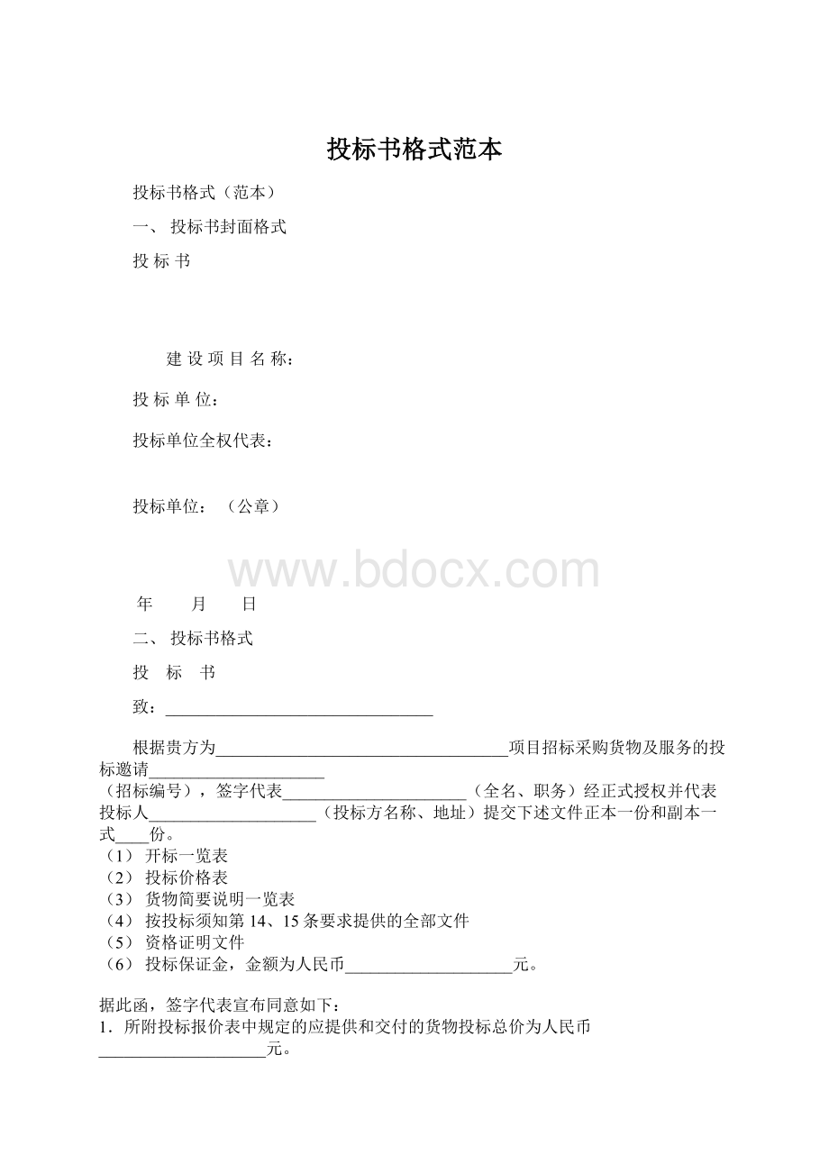 投标书格式范本文档格式.docx