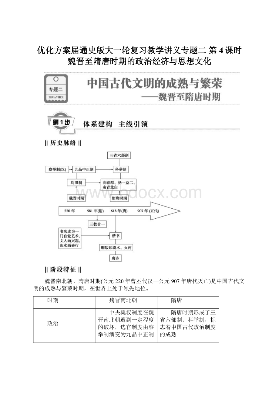 优化方案届通史版大一轮复习教学讲义专题二 第4课时 魏晋至隋唐时期的政治经济与思想文化.docx_第1页