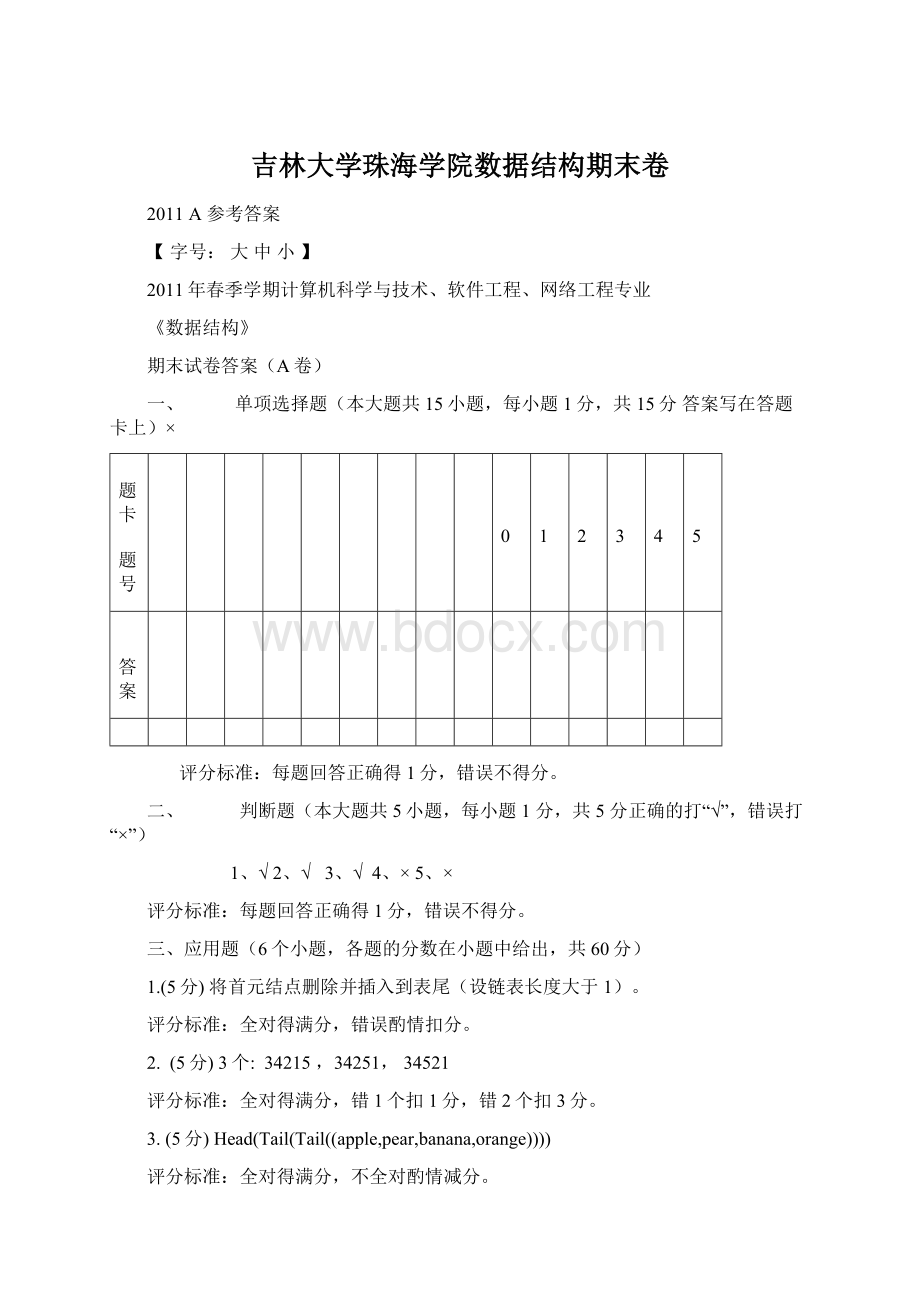 吉林大学珠海学院数据结构期末卷Word文件下载.docx