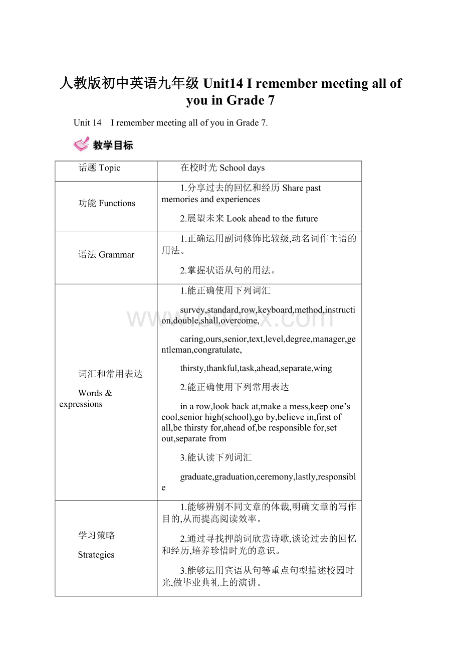 人教版初中英语九年级Unit14 I remember meeting all of you in Grade 7Word文档下载推荐.docx