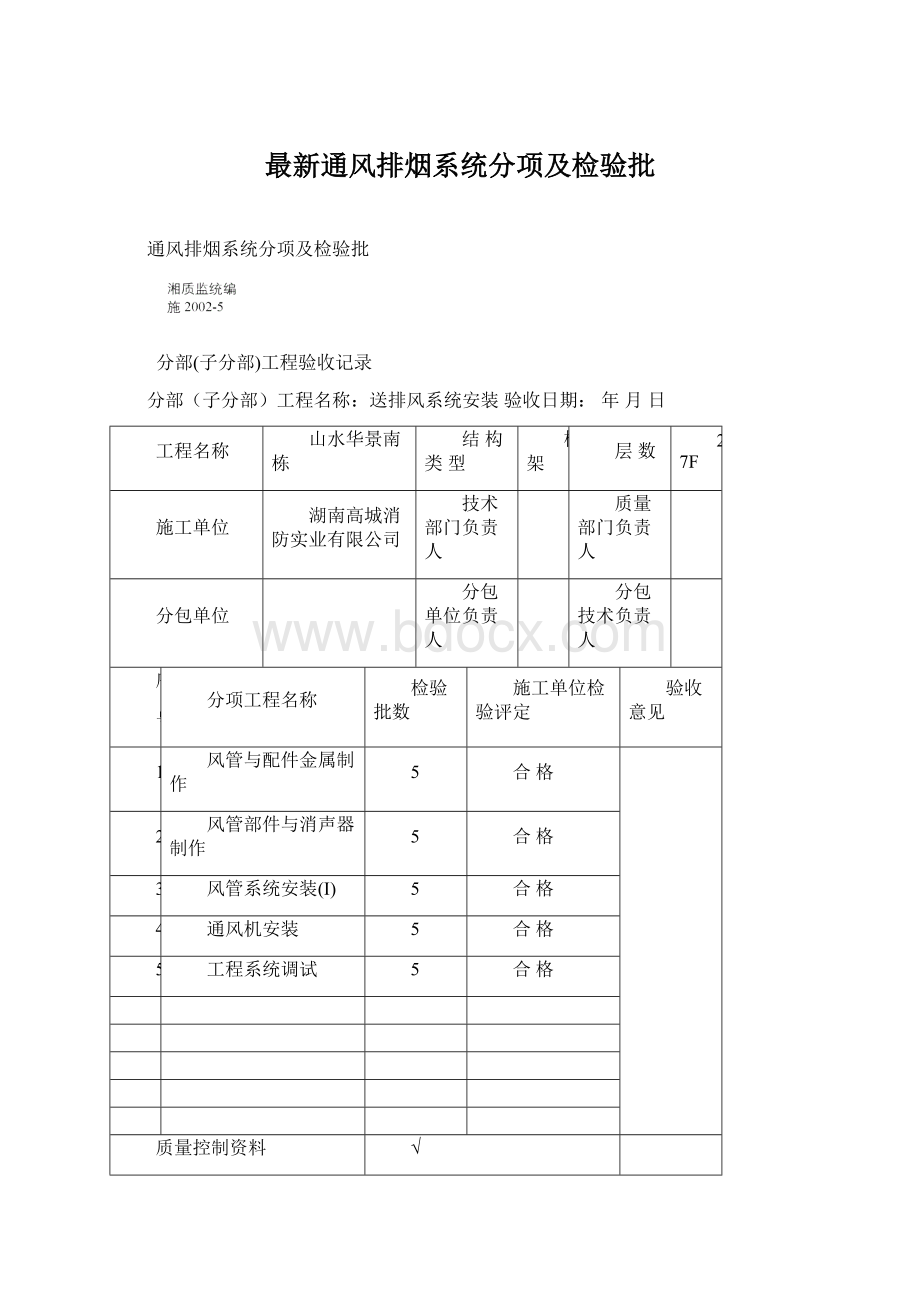 最新通风排烟系统分项及检验批Word格式.docx