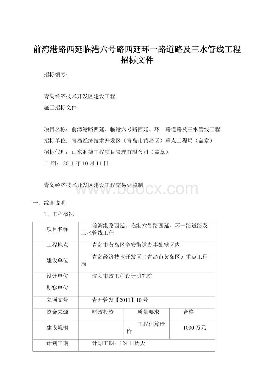 前湾港路西延临港六号路西延环一路道路及三水管线工程招标文件Word文档下载推荐.docx