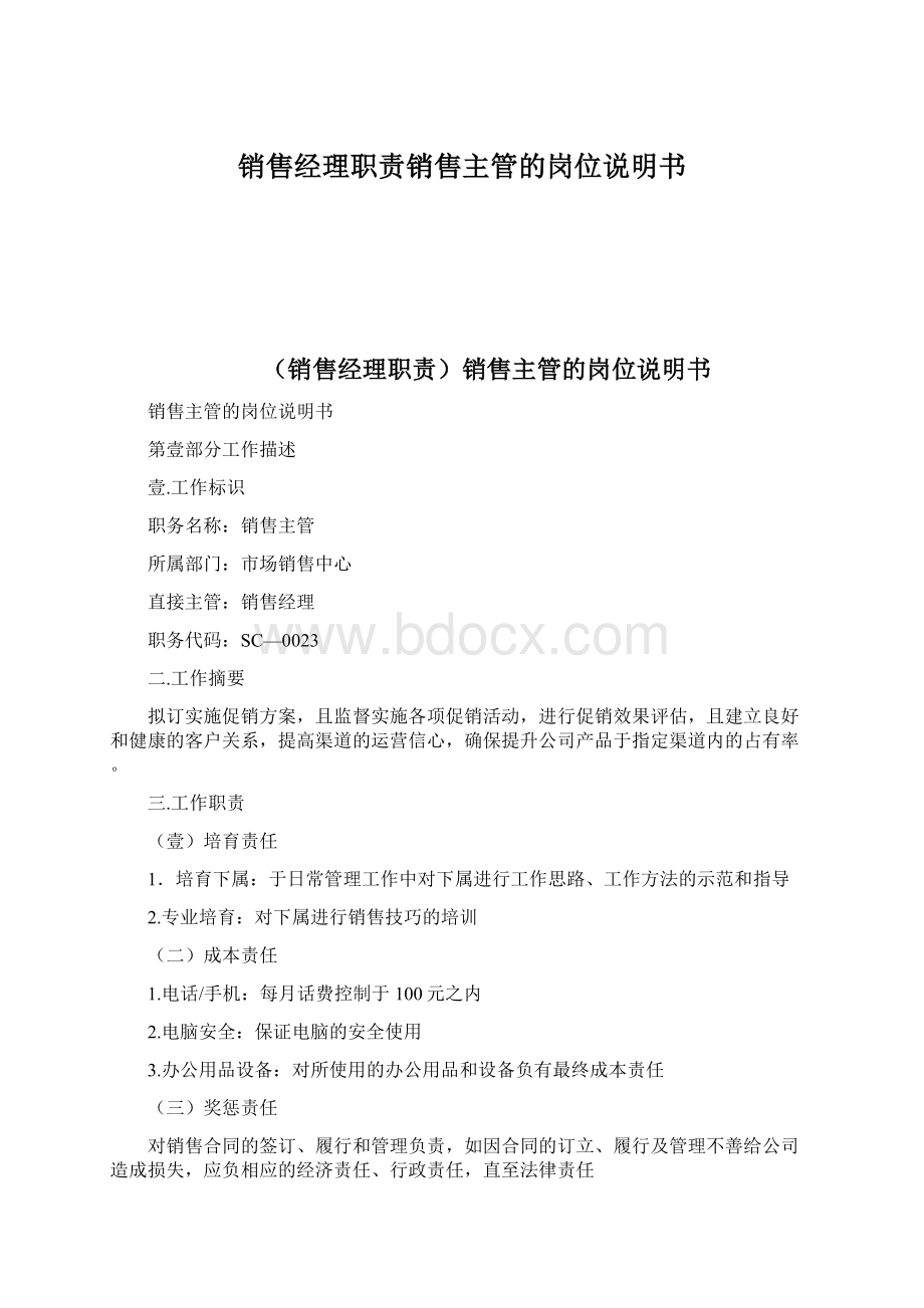 销售经理职责销售主管的岗位说明书Word格式文档下载.docx