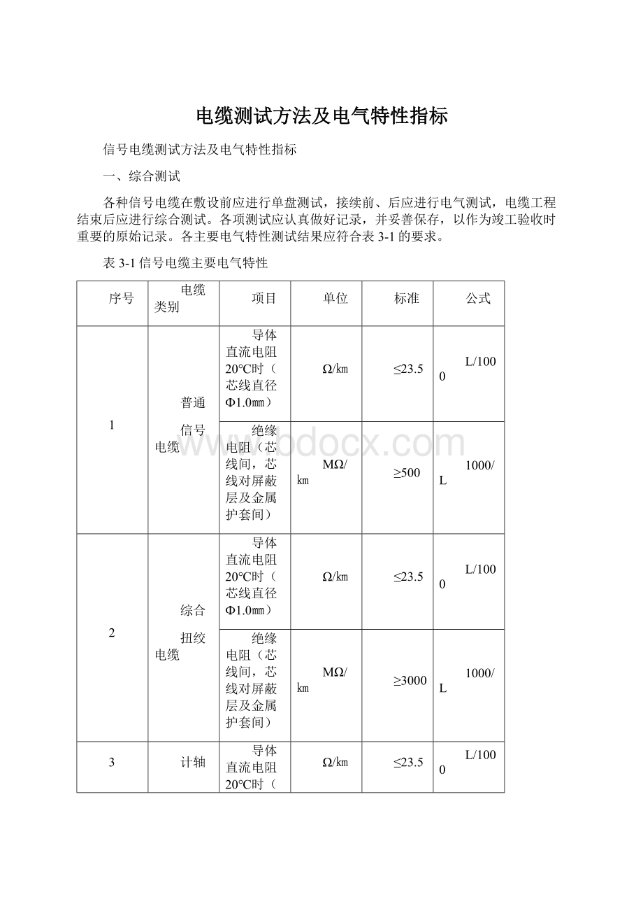 电缆测试方法及电气特性指标Word下载.docx