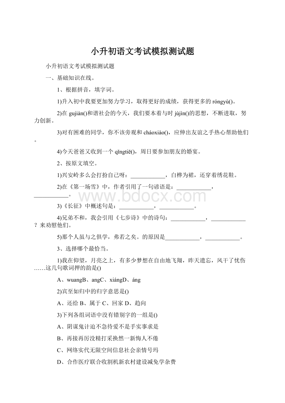 小升初语文考试模拟测试题.docx