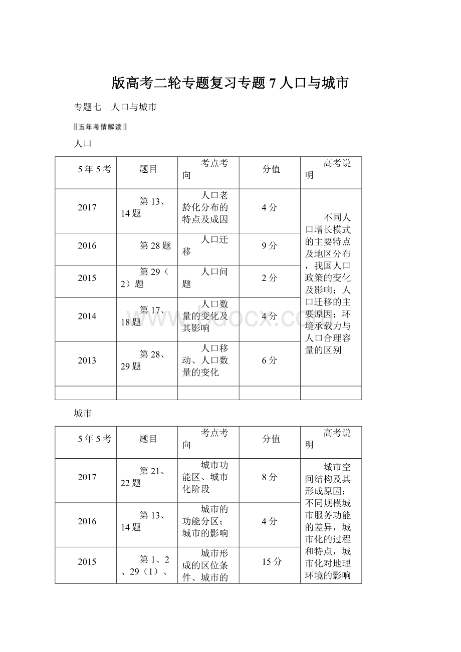 版高考二轮专题复习专题7 人口与城市Word文档格式.docx_第1页